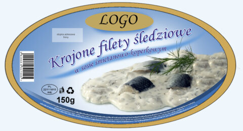 Projekt etykiety filetów śledziowych w sosie — realizacja z fotografią