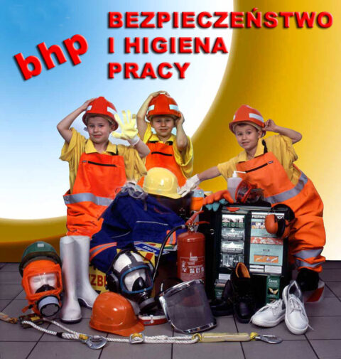 Projekt plakatu BHP z dziećmi w strojach strażackich — realizacja z fotografią