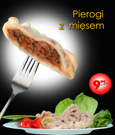 Projekt plakatu z pierogami z mięsem — realizacja z fotografią